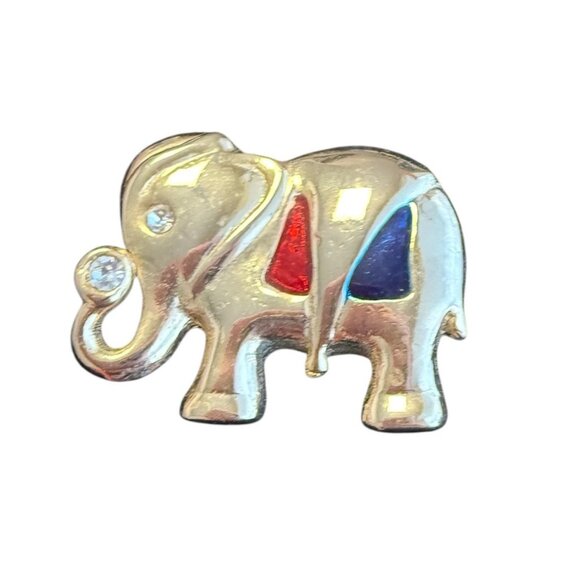 Silver-Tone Elephant Pin Brooch With Red & Blue Enamel Accents - Picture 1 of 2